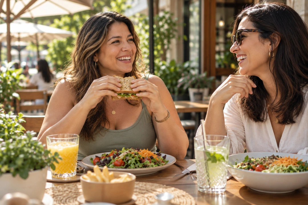 Duas amigas riem e almoçam juntas num café ao ar livre, uma delas comendo um sanduíche com tranquilidade