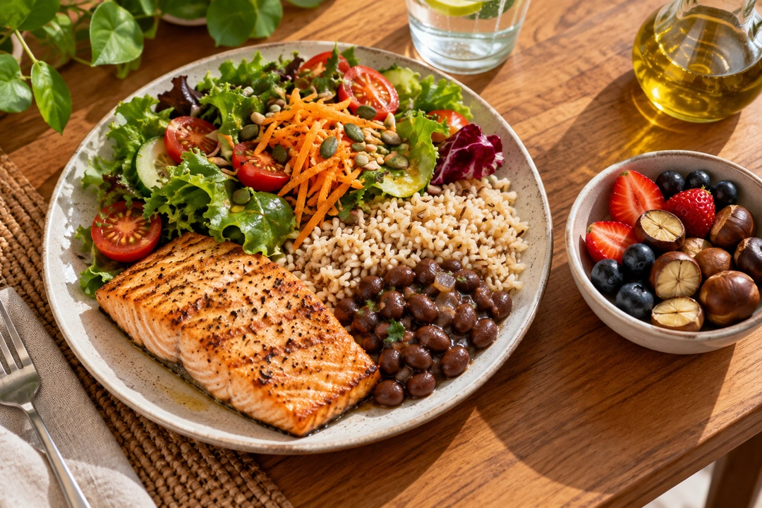 Prato anti-inflamatório com salmão grelhado, arroz integral, feijão e salada colorida, com frutas vermelhas e castanhas ao lado