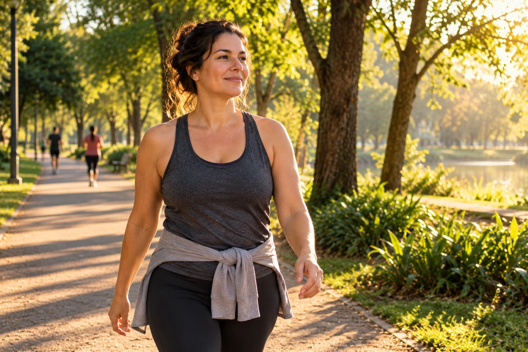 Mulher caminha tranquila num parque arborizado ao amanhecer, com roupa de ginástica e expressão relaxada