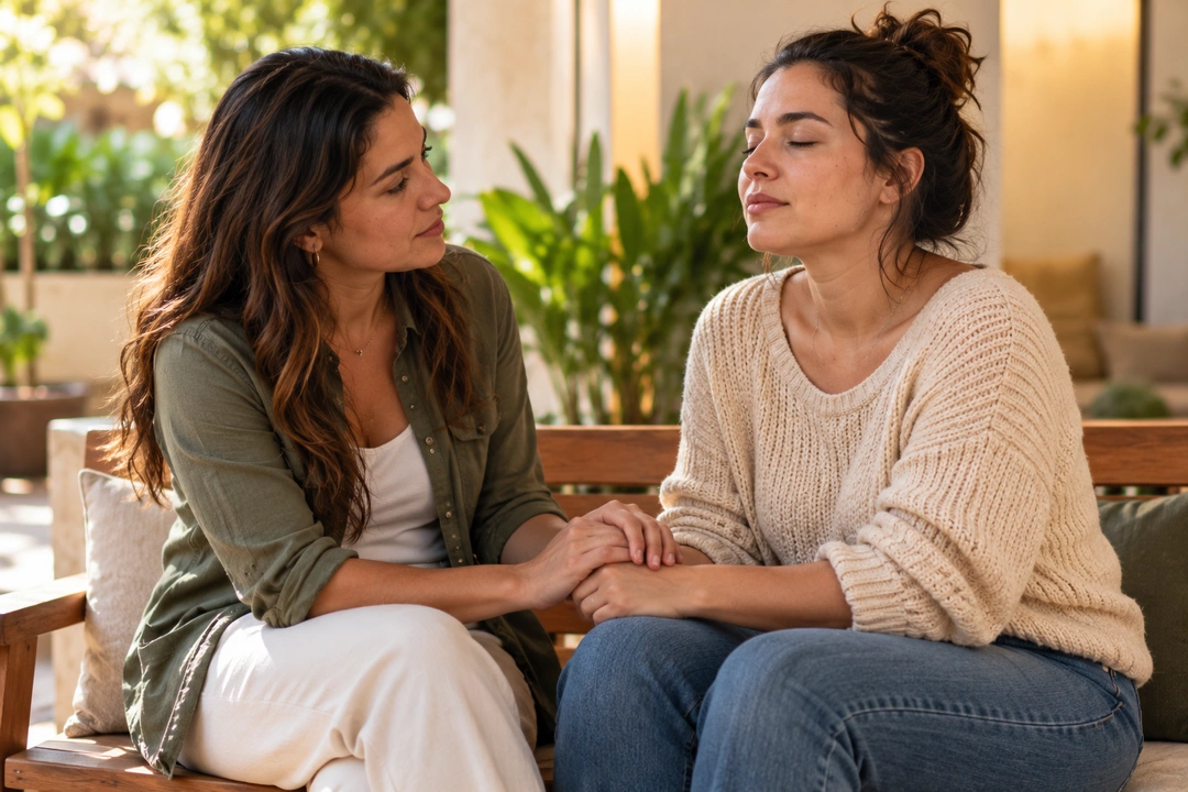 Mulher segurando as mãos da amiga e respirando junto com ela para ajudá-la a se acalmar depois de uma crise de ansiedade