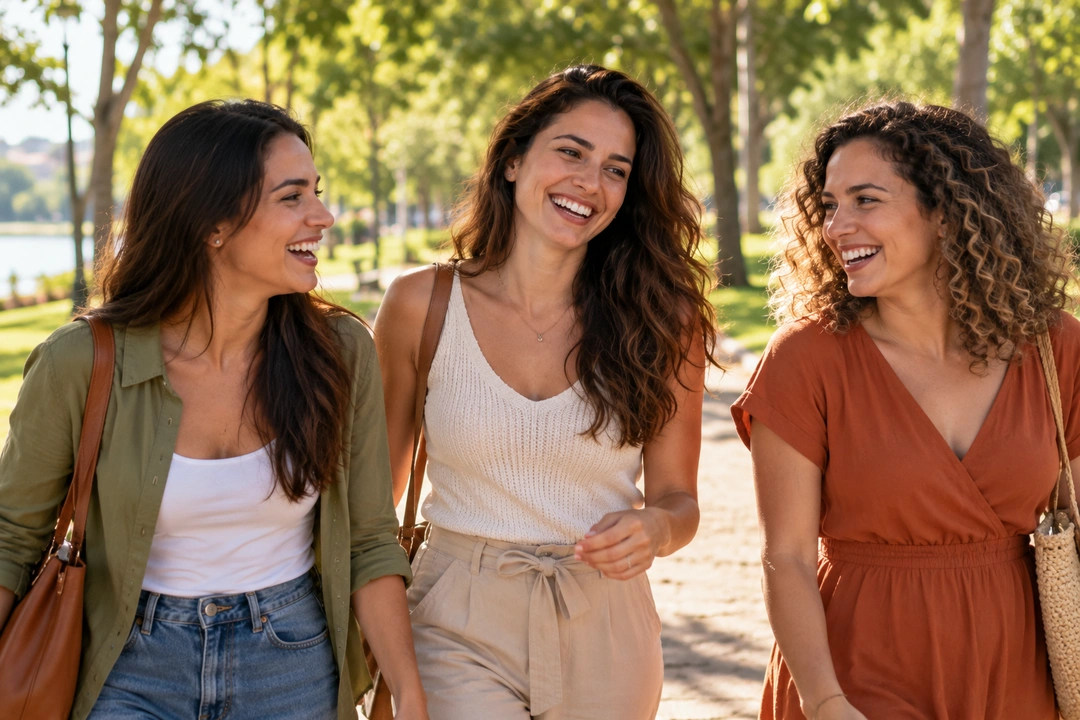 Mulher sorrindo ao caminhar com amigas no parque, retomando a própria vida
