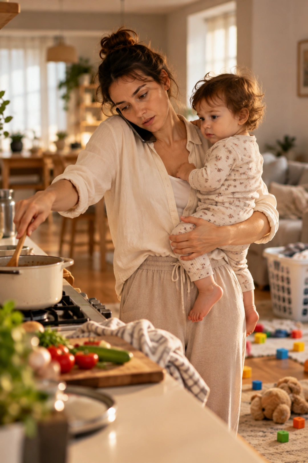 Mãe segurando o bebê no colo enquanto cozinha e fala ao telefone, cercada de tarefas domésticas