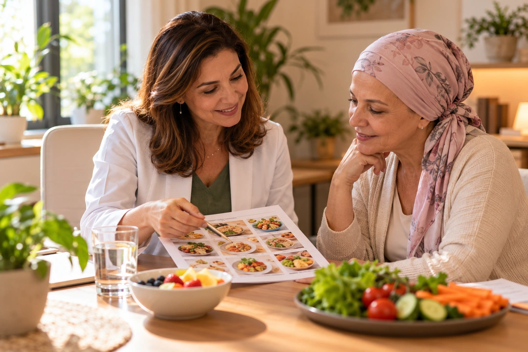 Nutricionista mostrando um plano alimentar colorido a uma paciente em tratamento oncológico, com frutas e salada sobre a mesa