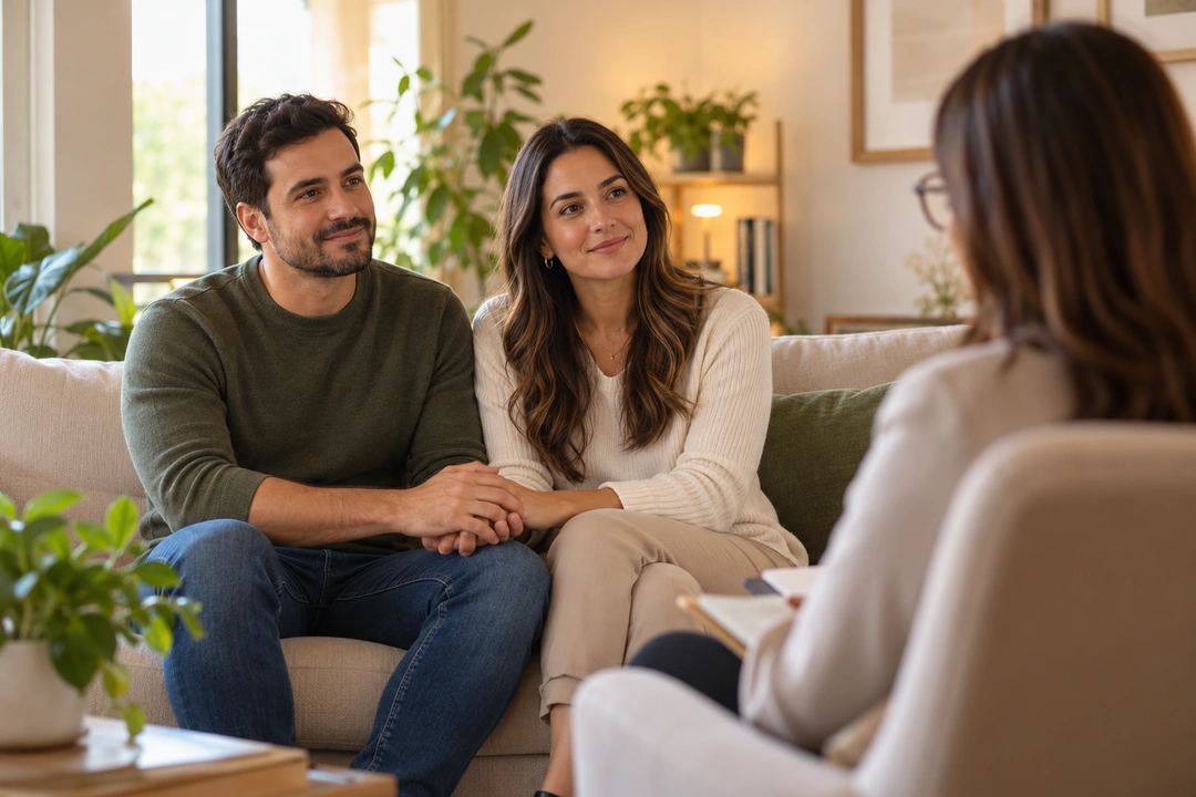 Casal de mãos dadas no sofá durante sessão presencial de terapia de casal, conversando com a psicóloga no consultório