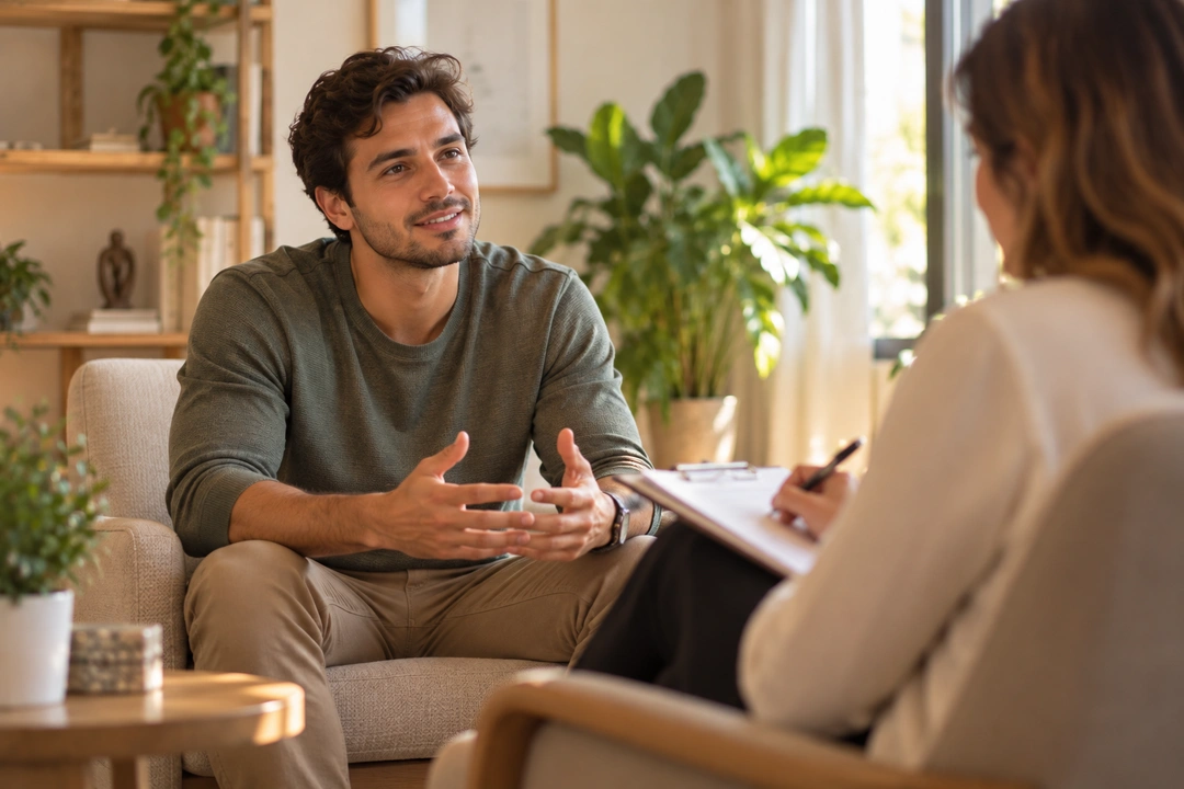 Homem adulto conversando com uma psicóloga em consultório acolhedor durante uma avaliação para investigar autismo