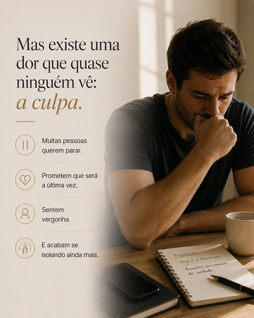 Homem pensativo à mesa, com caderno de anotações e promessas de parar de apostar