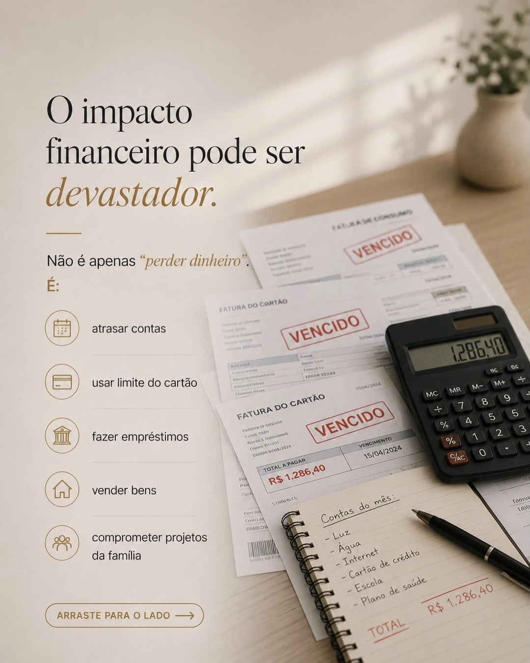 Contas atrasadas, calculadora e anotações financeiras sobre a mesa, ilustrando o impacto financeiro do vício em apostas